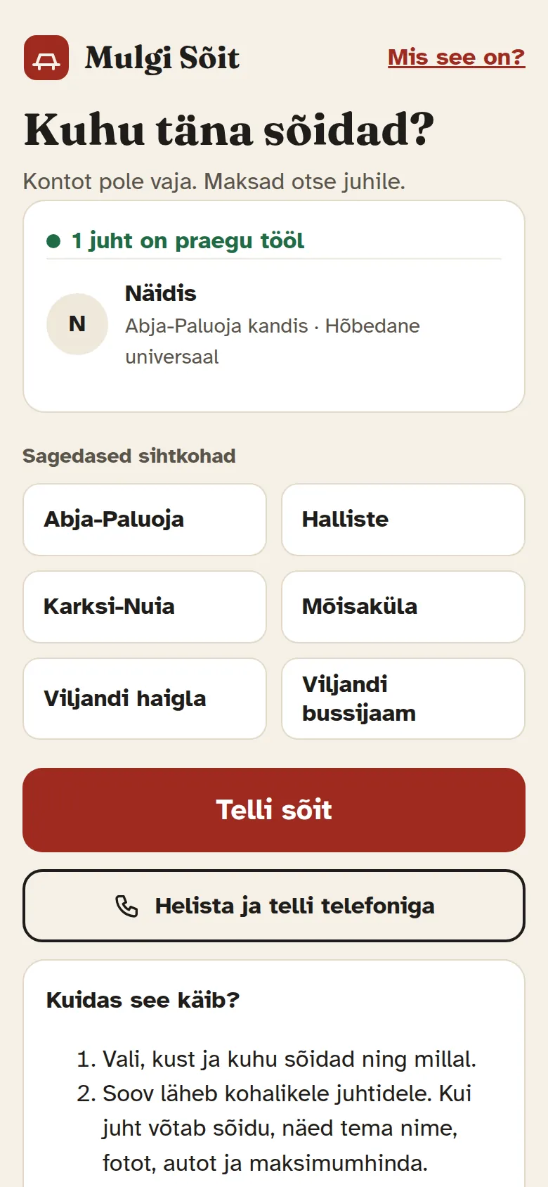 Avaleht: näha on tööl olevad juhid ja sagedased sihtkohad