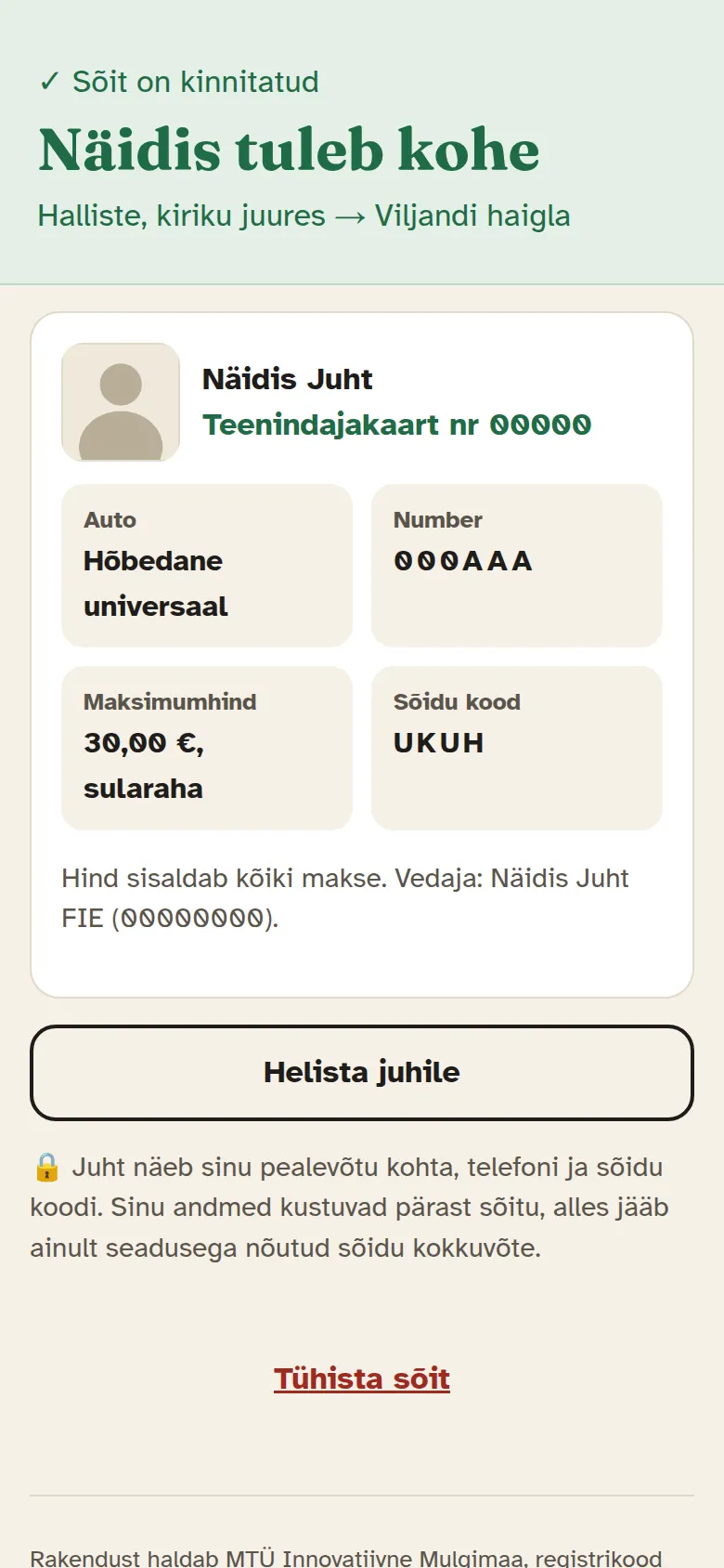 Kinnitatud sõit: juhi nimi, foto, teenindajakaardi number, auto ja hind