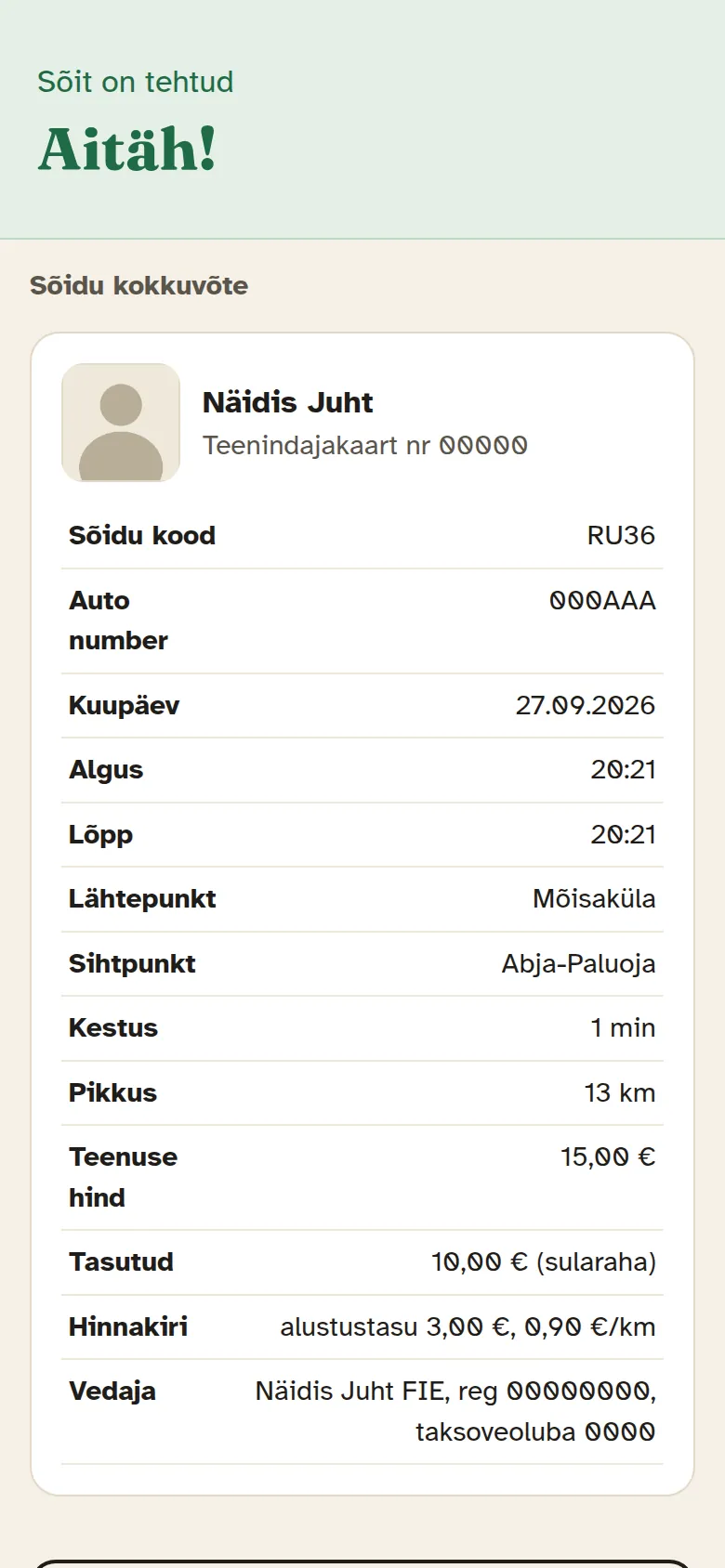 Sõidu kokkuvõte pärast sõitu